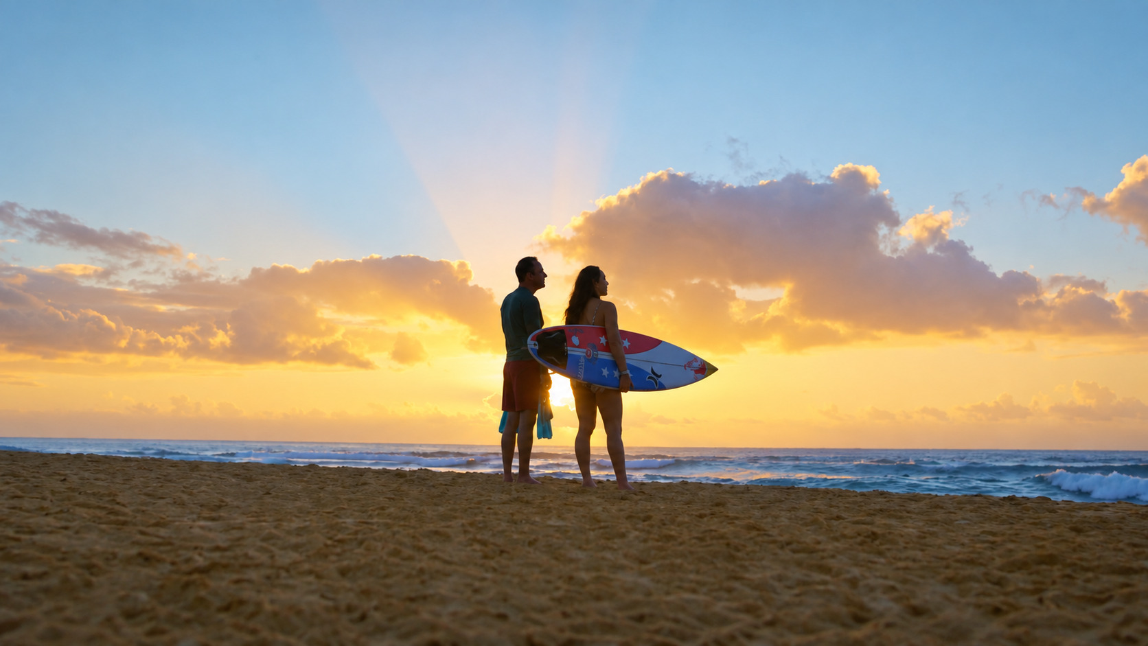 Two surfers standing on a beach at sunrise