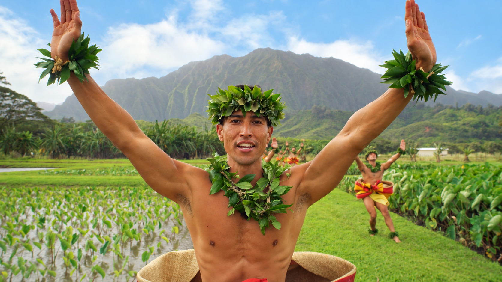 Male hula dancer performing in a taro field beneath the Koʻolau mountains